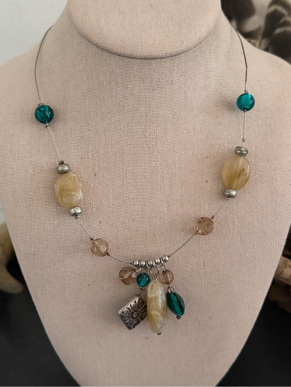 Vintage Teal & Amber Bead & Silver Charm Pendant Necklace